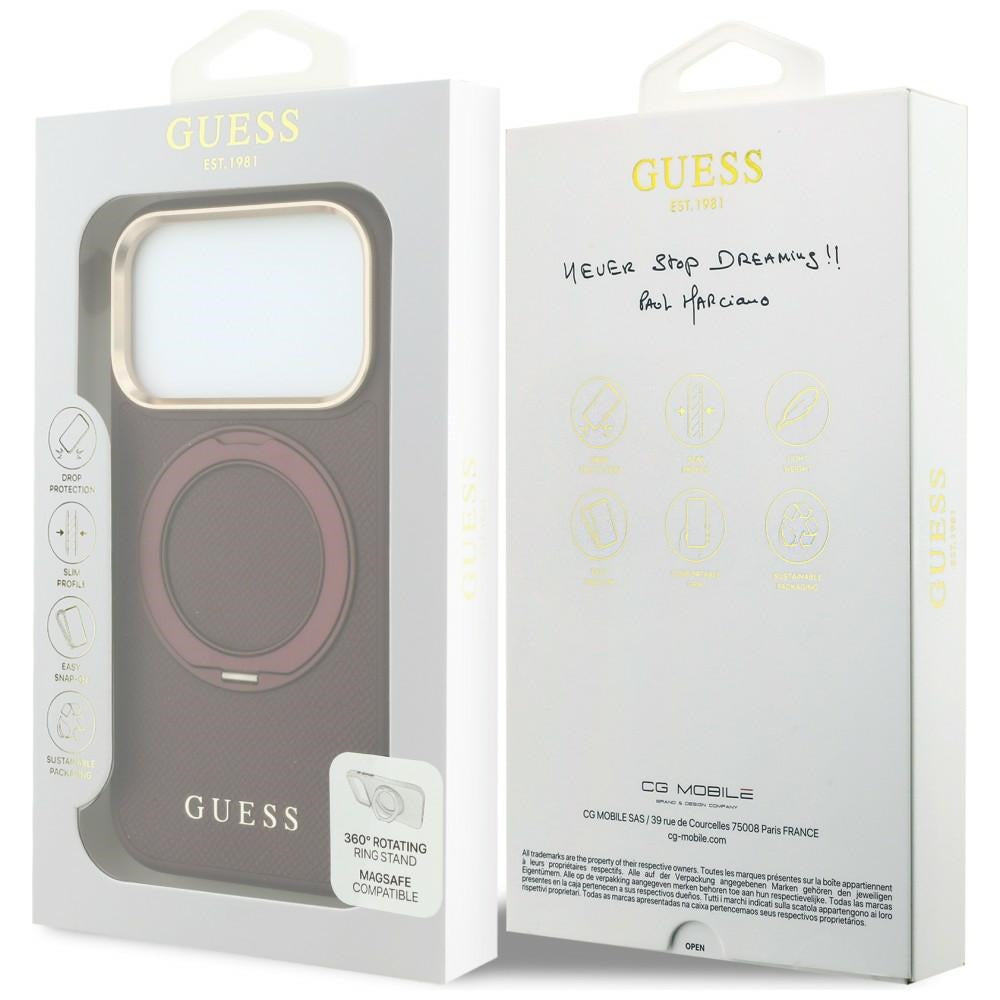 MagSafe-deksel til Apple iPhone 18 Pro / 17 Pro, Guess Grained Ring Stand 360 Classic, vinrød