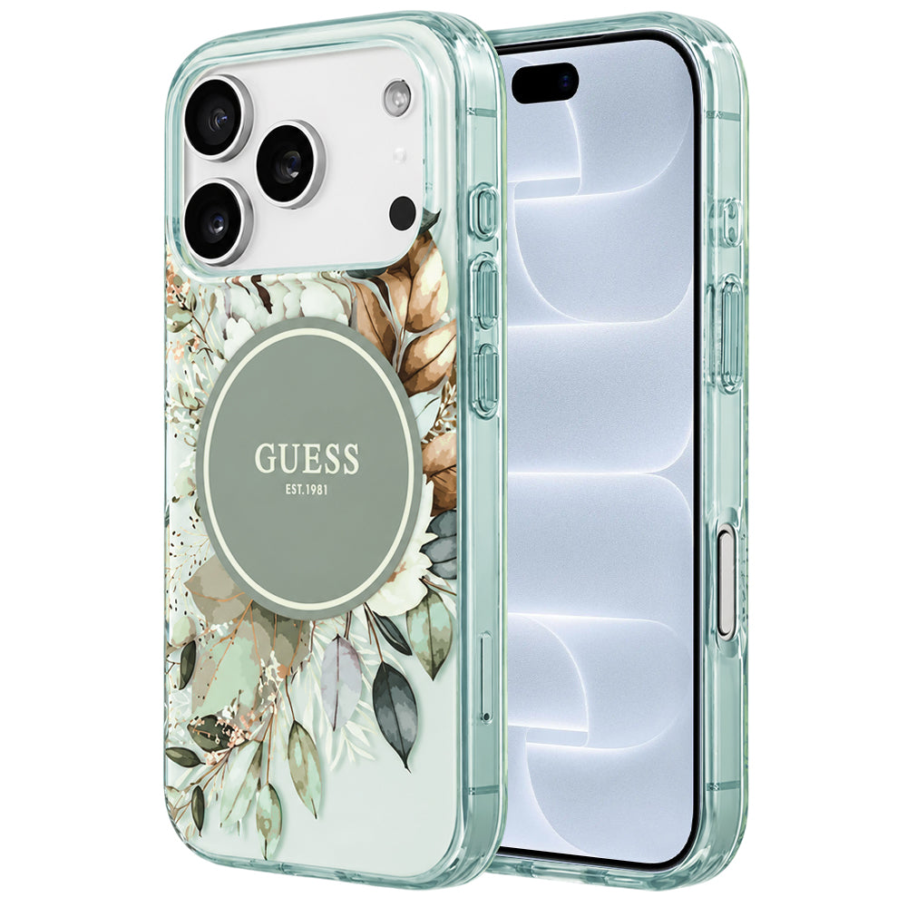 MagSafe-deksel til Apple iPhone 18 Pro / 17 Pro, Guess, IML Flower & Tonal Circle, grønn