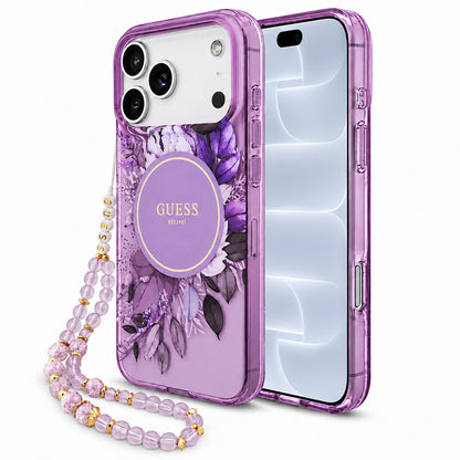 MagSafe-deksel til Apple iPhone 18 Pro / 17 Pro, Guess, IML Flowers with Pearl Strap, lilla