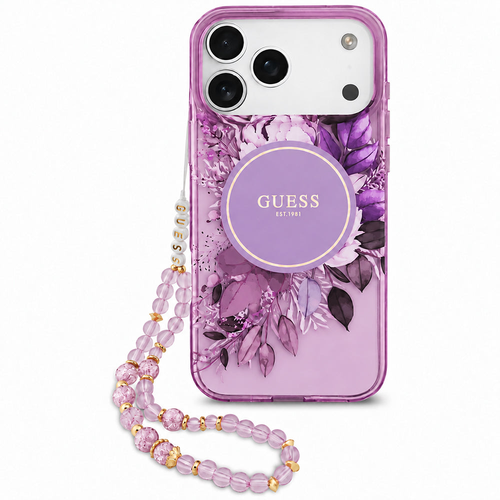 MagSafe-deksel til Apple iPhone 18 Pro / 17 Pro, Guess, IML Flowers with Pearl Strap, lilla