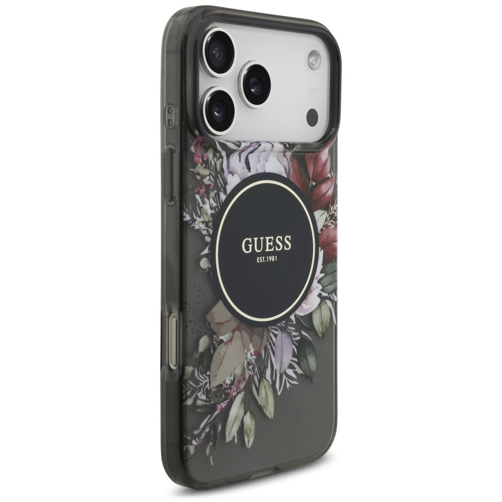 MagSafe-deksel til Apple iPhone 18 Pro / 17 Pro, Guess, IML Flowers with Pearl Strap, svart