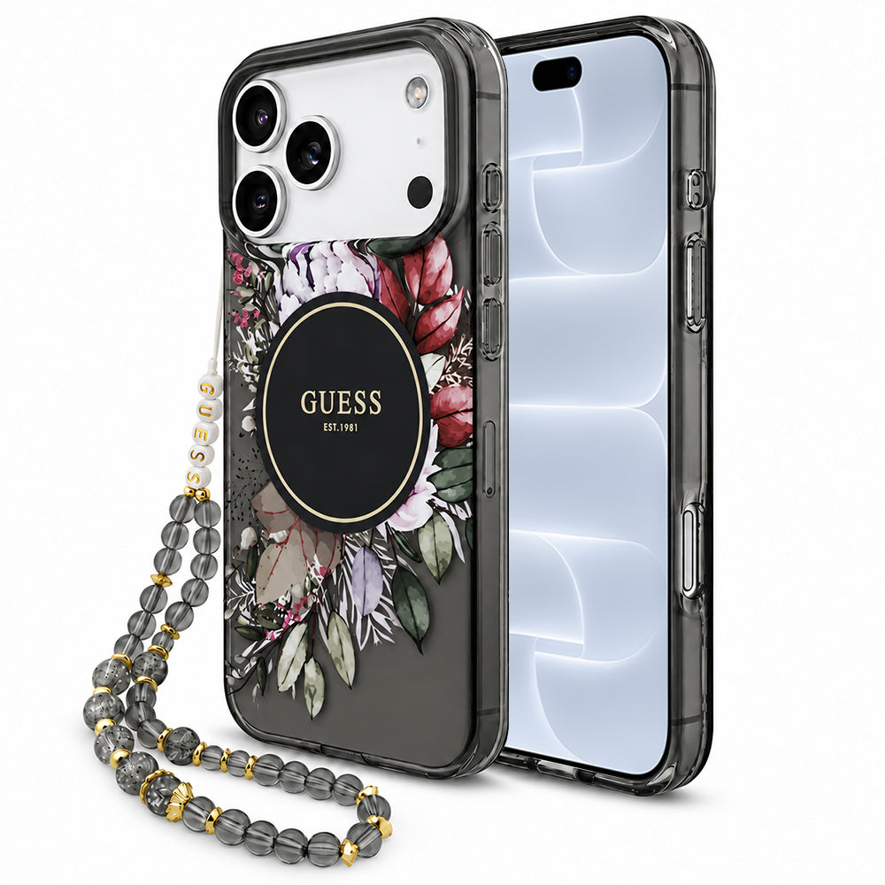 MagSafe-deksel til Apple iPhone 18 Pro / 17 Pro, Guess, IML Flowers with Pearl Strap, svart