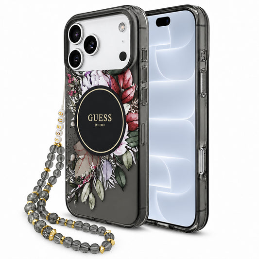 MagSafe-deksel til Apple iPhone 18 Pro / 17 Pro, Guess, IML Flowers with Pearl Strap, svart