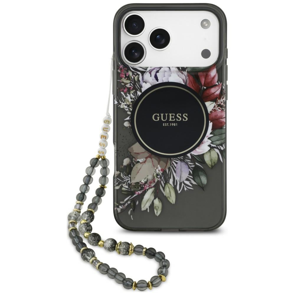 MagSafe-deksel til Apple iPhone 18 Pro / 17 Pro, Guess, IML Flowers with Pearl Strap, svart