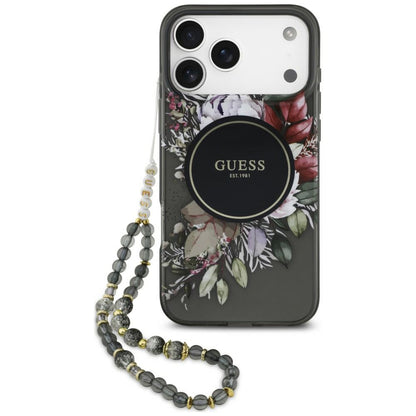 MagSafe-deksel til Apple iPhone 18 Pro / 17 Pro, Guess, IML Flowers with Pearl Strap, svart