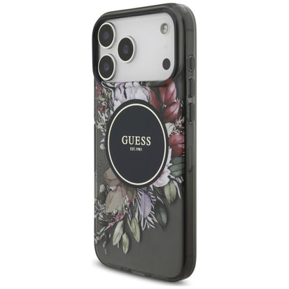 MagSafe-deksel til Apple iPhone 18 Pro / 17 Pro, Guess, IML Flowers with Pearl Strap, svart