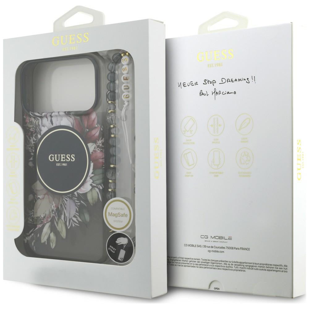MagSafe-deksel til Apple iPhone 18 Pro / 17 Pro, Guess, IML Flowers with Pearl Strap, svart