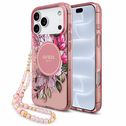 MagSafe-deksel til Apple iPhone 18 Pro / 17 Pro, Guess, IML Flowers with Pearl Strap, rosa