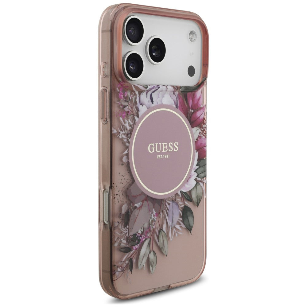 MagSafe-deksel til Apple iPhone 18 Pro / 17 Pro, Guess, IML Flowers with Pearl Strap, rosa