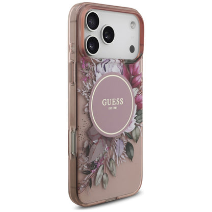 MagSafe-deksel til Apple iPhone 18 Pro / 17 Pro, Guess, IML Flowers with Pearl Strap, rosa