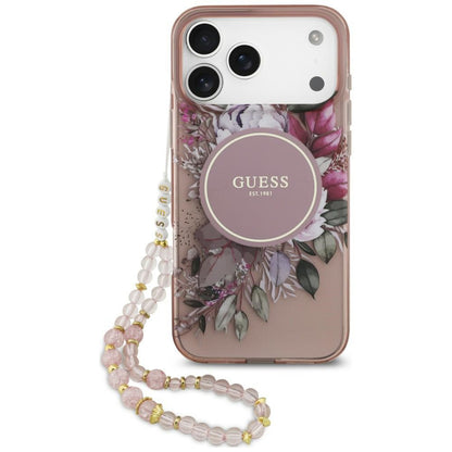 MagSafe-deksel til Apple iPhone 18 Pro / 17 Pro, Guess, IML Flowers with Pearl Strap, rosa