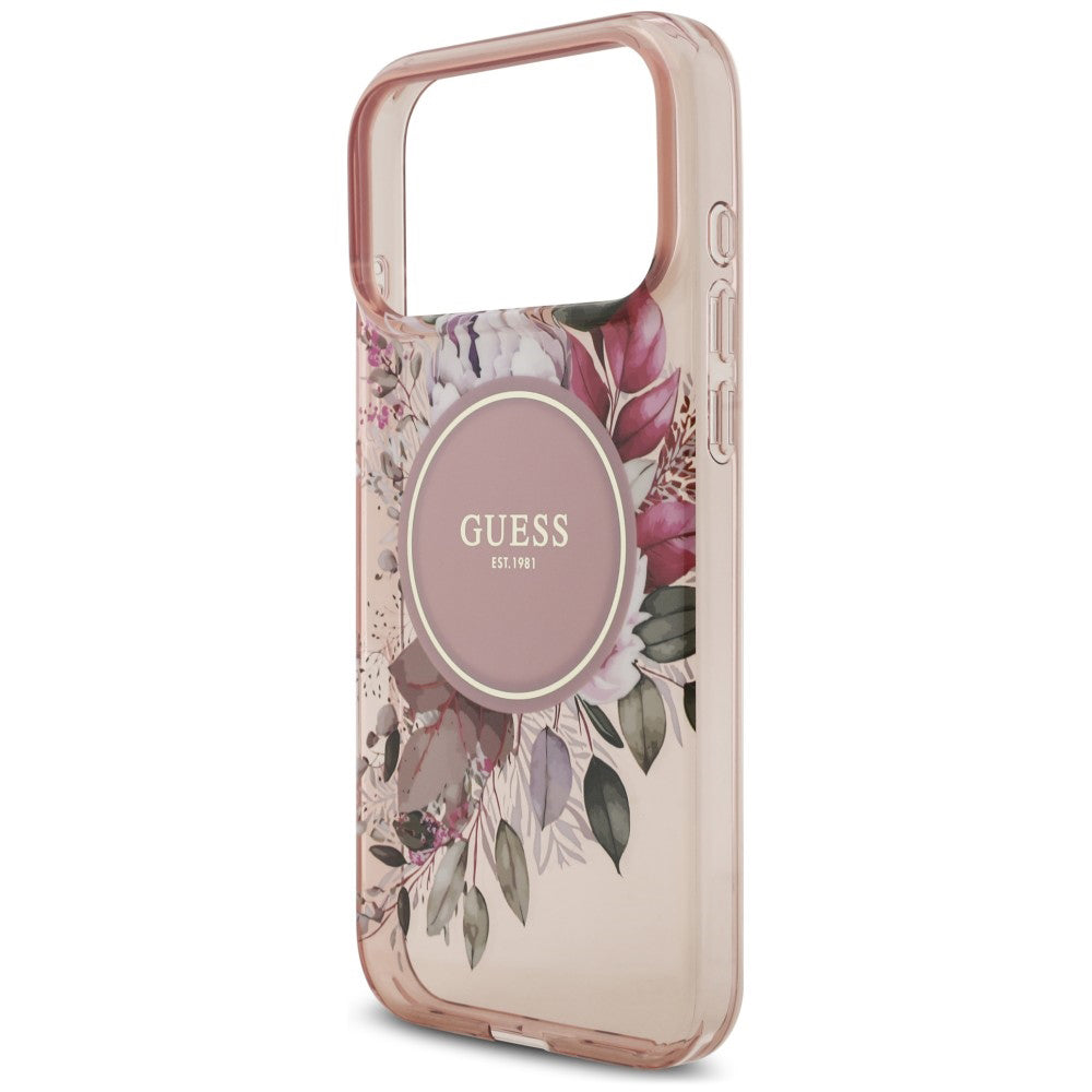 MagSafe-deksel til Apple iPhone 18 Pro / 17 Pro, Guess, IML Flowers with Pearl Strap, rosa