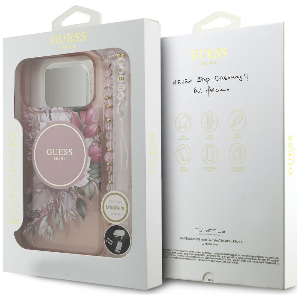 MagSafe-deksel til Apple iPhone 18 Pro / 17 Pro, Guess, IML Flowers with Pearl Strap, rosa