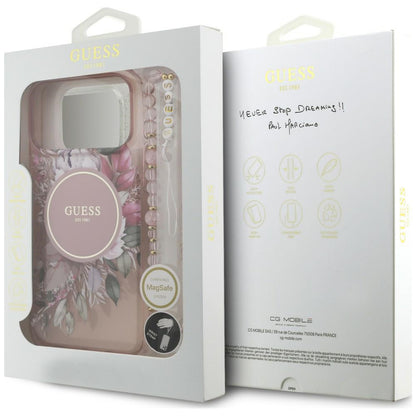 MagSafe-deksel til Apple iPhone 18 Pro / 17 Pro, Guess, IML Flowers with Pearl Strap, rosa