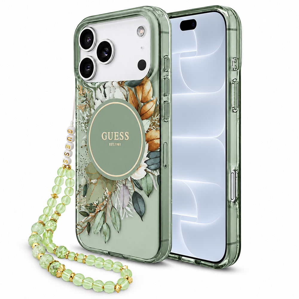 MagSafe-deksel til Apple iPhone 18 Pro / 17 Pro, Guess, IML Flowers with Pearl Strap, grønn