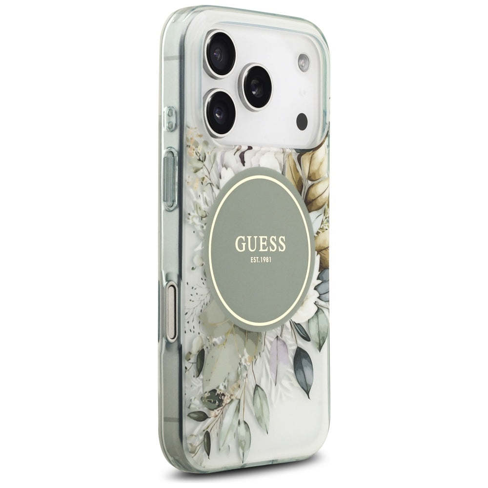 MagSafe-deksel til Apple iPhone 18 Pro / 17 Pro, Guess, IML Flowers with Pearl Strap, grønn