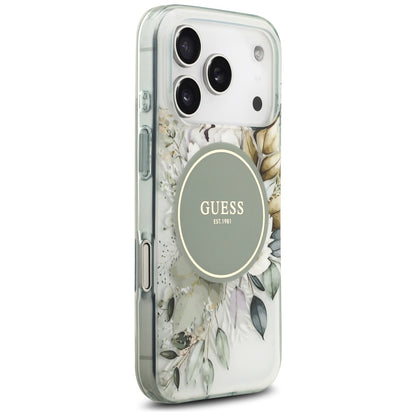 MagSafe-deksel til Apple iPhone 18 Pro / 17 Pro, Guess, IML Flowers with Pearl Strap, grønn