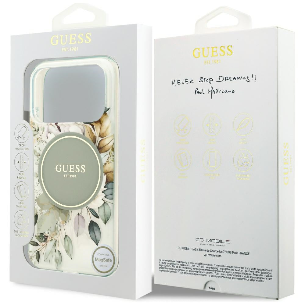 MagSafe-deksel til Apple iPhone 18 Pro / 17 Pro, Guess, IML Flowers with Pearl Strap, grønn