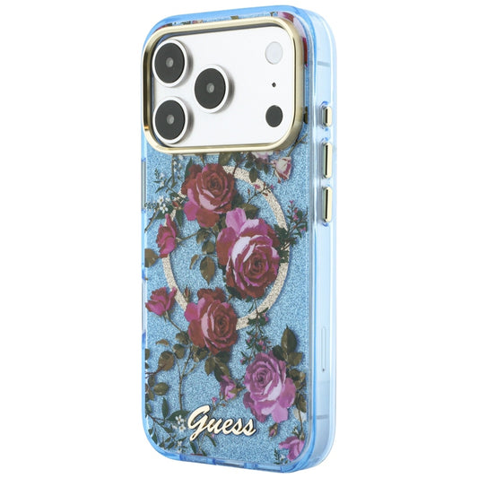 MagSafe-deksel for Apple iPhone 18 Pro / 17 Pro, Guess, IML Glitter Blossom Roses, Bleu