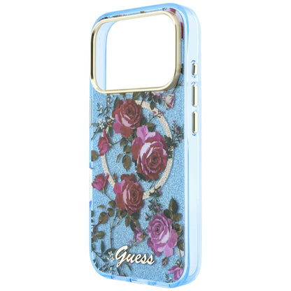 MagSafe-deksel for Apple iPhone 18 Pro / 17 Pro, Guess, IML Glitter Blossom Roses, Bleu