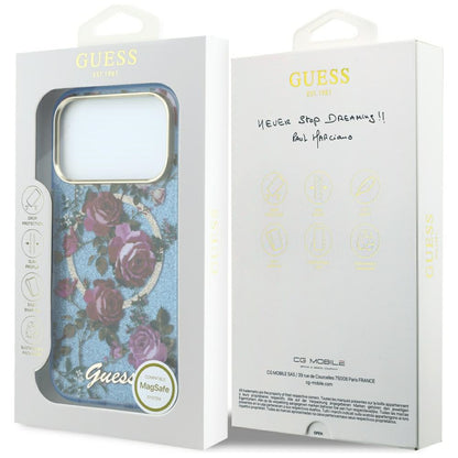 MagSafe-deksel for Apple iPhone 18 Pro / 17 Pro, Guess, IML Glitter Blossom Roses, Bleu