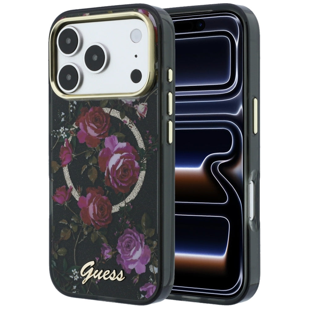 MagSafe-deksel for Apple iPhone 18 Pro / 17 Pro, Guess, IML Glitter Blossom Roses, Svart