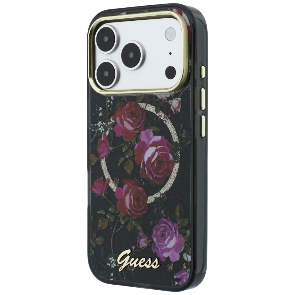 MagSafe-deksel for Apple iPhone 18 Pro / 17 Pro, Guess, IML Glitter Blossom Roses, Svart