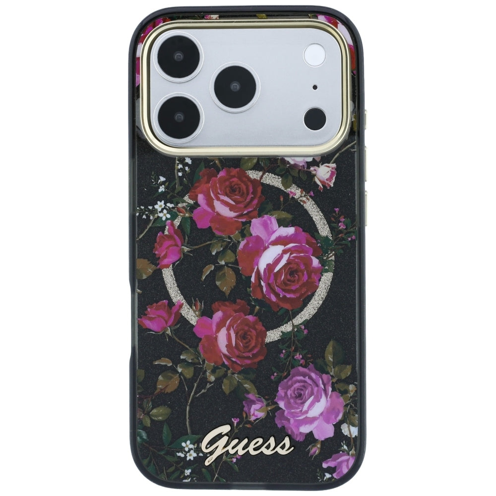 MagSafe-deksel for Apple iPhone 18 Pro / 17 Pro, Guess, IML Glitter Blossom Roses, Svart