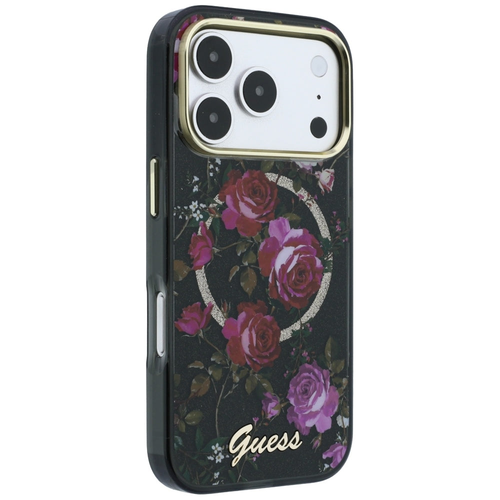 MagSafe-deksel for Apple iPhone 18 Pro / 17 Pro, Guess, IML Glitter Blossom Roses, Svart