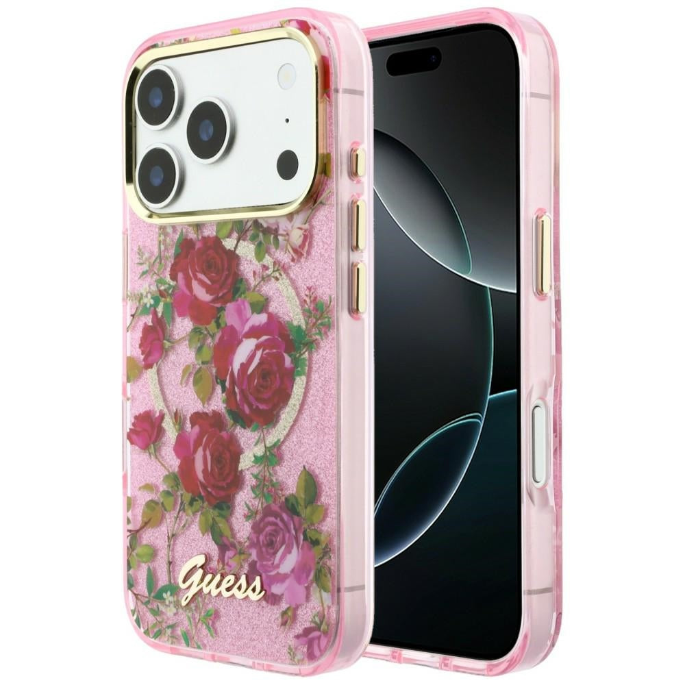 MagSafe-deksel for Apple iPhone 18 Pro / 17 Pro, Guess, IML Glitter Blossom Roses, Rosa