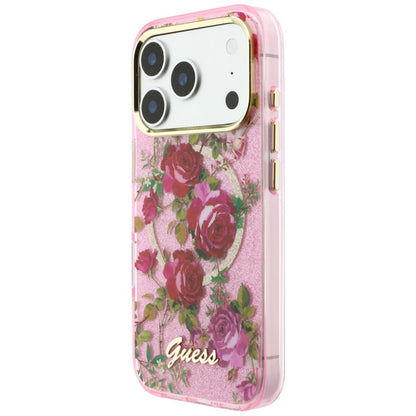 MagSafe-deksel for Apple iPhone 18 Pro / 17 Pro, Guess, IML Glitter Blossom Roses, Rosa