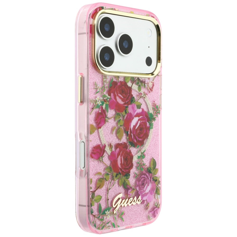 MagSafe-deksel for Apple iPhone 18 Pro / 17 Pro, Guess, IML Glitter Blossom Roses, Rosa