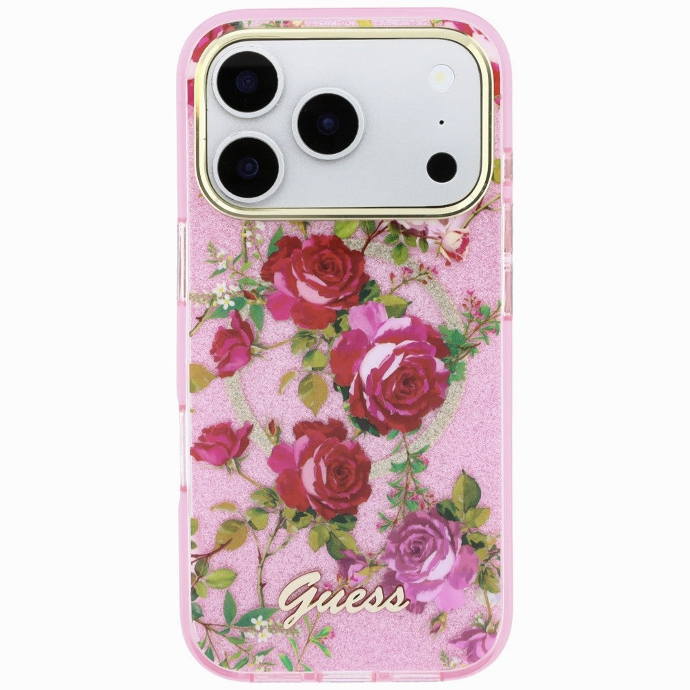 MagSafe-deksel for Apple iPhone 18 Pro / 17 Pro, Guess, IML Glitter Blossom Roses, Rosa