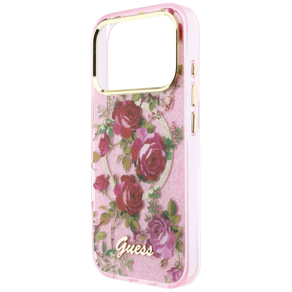 MagSafe-deksel for Apple iPhone 18 Pro / 17 Pro, Guess, IML Glitter Blossom Roses, Rosa