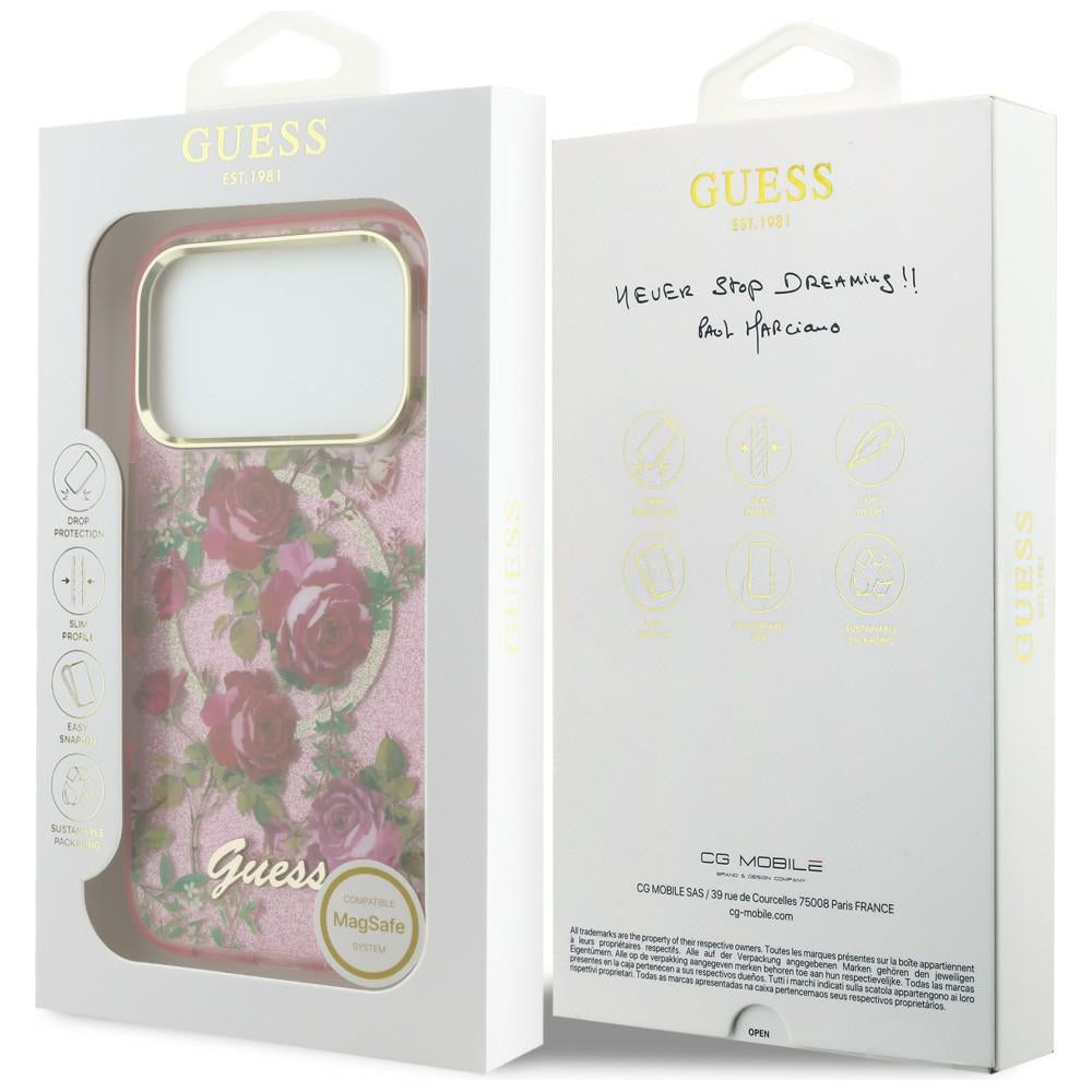 MagSafe-deksel for Apple iPhone 18 Pro / 17 Pro, Guess, IML Glitter Blossom Roses, Rosa