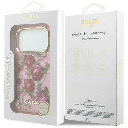 MagSafe-deksel for Apple iPhone 18 Pro / 17 Pro, Guess, IML Glitter Blossom Roses, Rosa