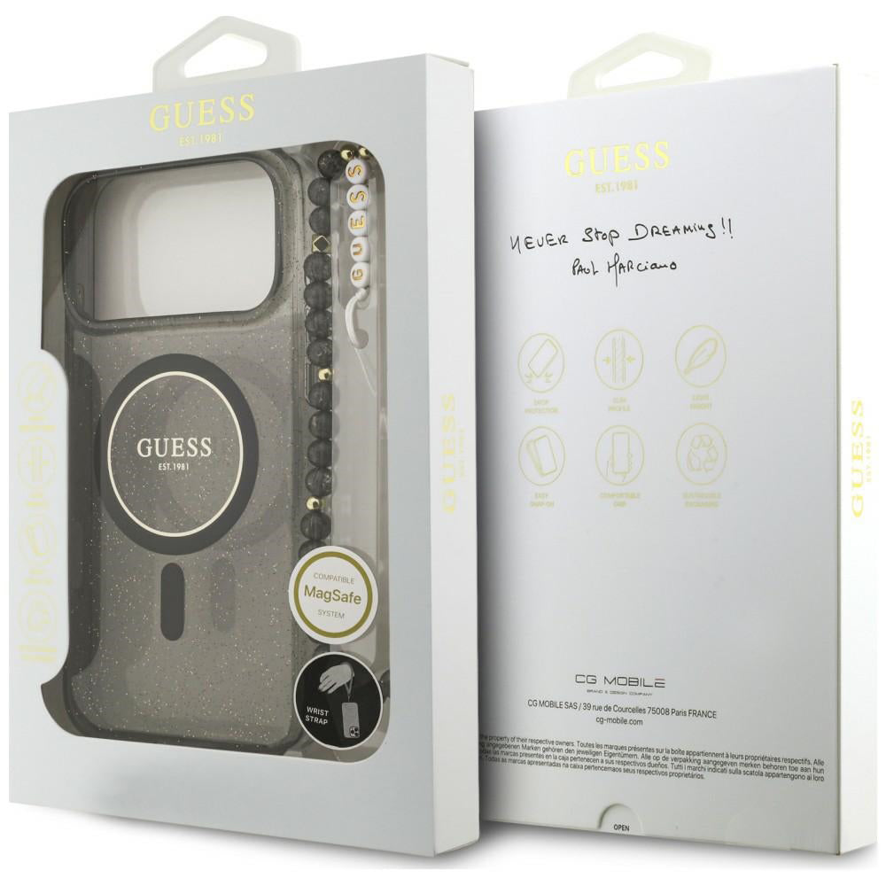 MagSafe-deksel til Apple iPhone 18 Pro / 17 Pro, Guess, IML Glitter with Pearl Strap, svart