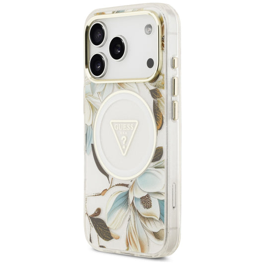 MagSafe-deksel for Apple iPhone 18 Pro / 17 Pro, Guess, IML Metal Glitter Flowers Triangle, Hvit