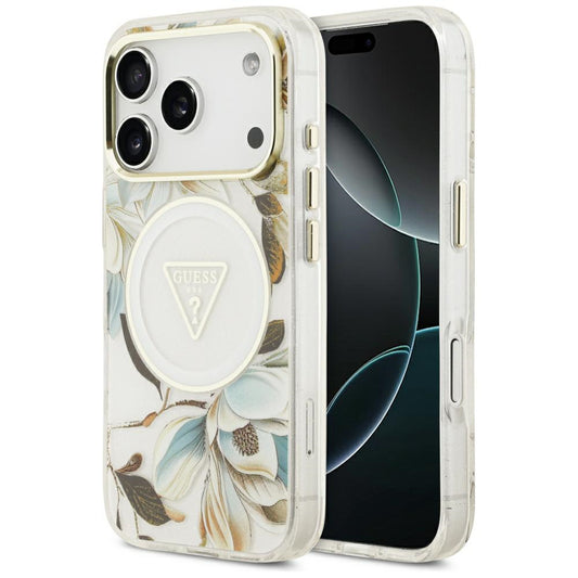 MagSafe-deksel for Apple iPhone 18 Pro / 17 Pro, Guess, IML Metal Glitter Flowers Triangle, Hvit
