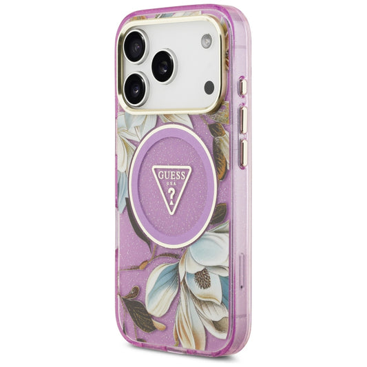 MagSafe-deksel for Apple iPhone 18 Pro / 17 Pro, Guess, IML Metal Glitter Flowers Triangle, Lilla