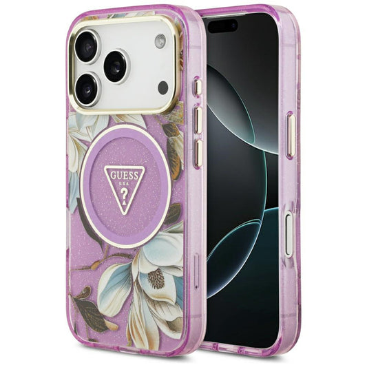 MagSafe-deksel for Apple iPhone 18 Pro / 17 Pro, Guess, IML Metal Glitter Flowers Triangle, Lilla