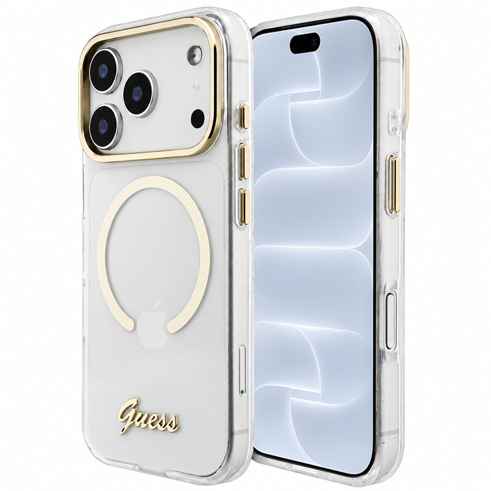 MagSafe-deksel til Apple iPhone 18 Pro / 17 Pro, Guess, IML Script Metal, gjennomsiktig