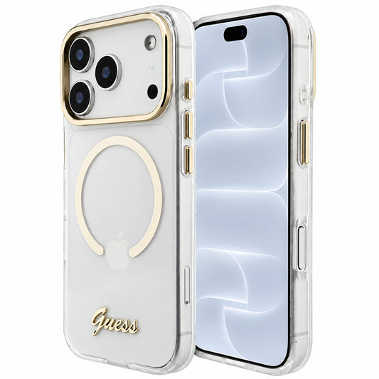 MagSafe-deksel til Apple iPhone 18 Pro / 17 Pro, Guess, IML Script Metal, gjennomsiktig
