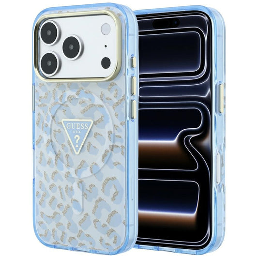 MagSafe-deksel for Apple iPhone 18 Pro / 17 Pro, Guess, Leopard Glitter Triangle Logo, Bleu