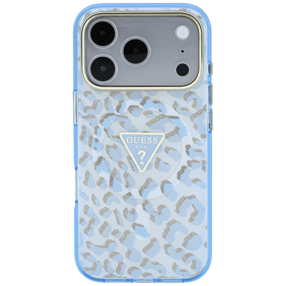 MagSafe-deksel for Apple iPhone 18 Pro / 17 Pro, Guess, Leopard Glitter Triangle Logo, Bleu