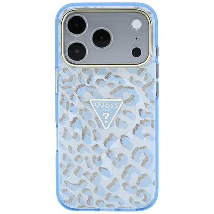 MagSafe-deksel for Apple iPhone 18 Pro / 17 Pro, Guess, Leopard Glitter Triangle Logo, Bleu