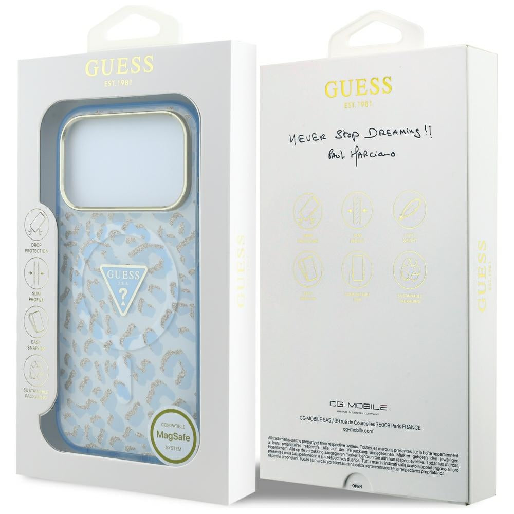 MagSafe-deksel for Apple iPhone 18 Pro / 17 Pro, Guess, Leopard Glitter Triangle Logo, Bleu