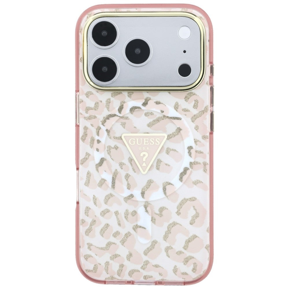 MagSafe-deksel for Apple iPhone 18 Pro / 17 Pro, Guess, Leopard Glitter Triangle Logo, Rosa