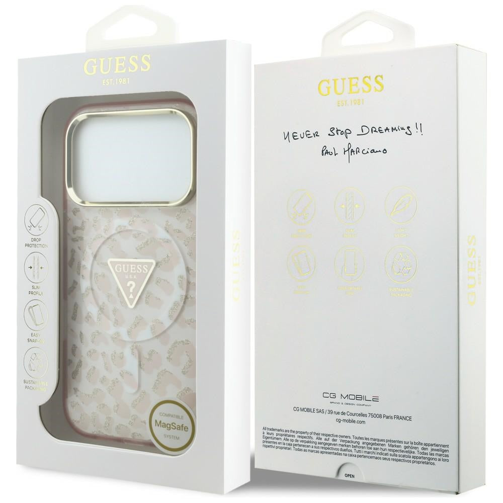 MagSafe-deksel for Apple iPhone 18 Pro / 17 Pro, Guess, Leopard Glitter Triangle Logo, Rosa