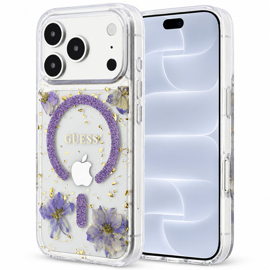 MagSafe-deksel for Apple iPhone 18 Pro / 17 Pro, Guess, Resin Flowers and Glitter, Lilla
